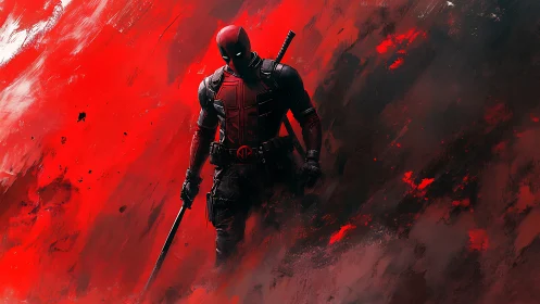 Deadpool warrior strides through abstract crimson storm.