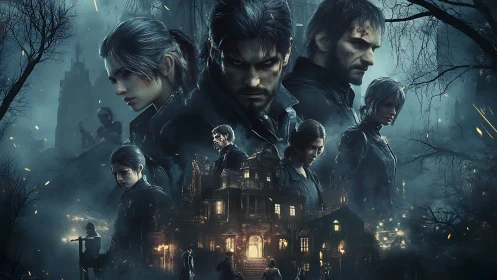 Ensemble of brooding survivors encircles haunted manor at dusk