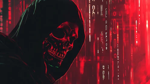 Hooded cyber skull glows red inside abstract digital matrix