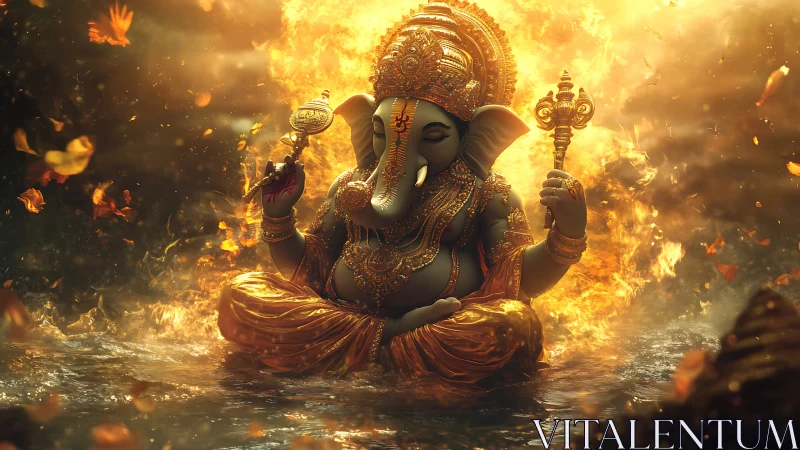 Golden depiction of Ganesha seated in glowing waters.