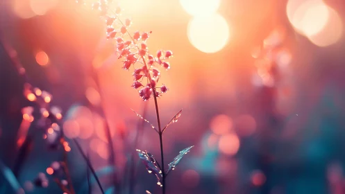 Backlit flower with morning dew and bokeh sunset light.