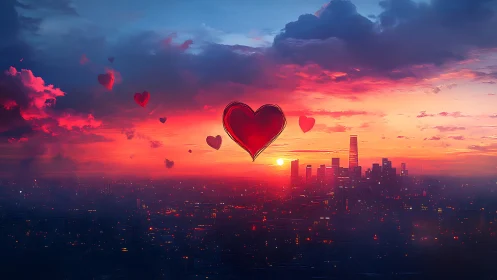 Urban Sunset with Floating Heart Shapes: Digital Composite with Volumetric Cloud Rendering