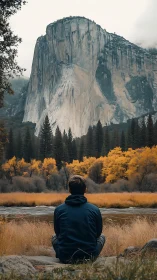 Person observing large granite cliff across river in autumn.