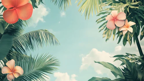Tropical Floral Composition with Plumeria Blooms and Palm Fronds