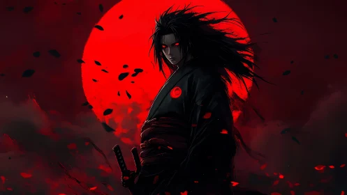 Crimson moon warrior amid drifting petals of shadowed night.