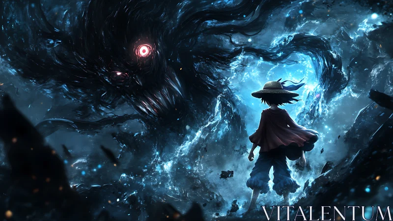 Straw-hatted figure confronts enormous glowing-eyed shadow creature