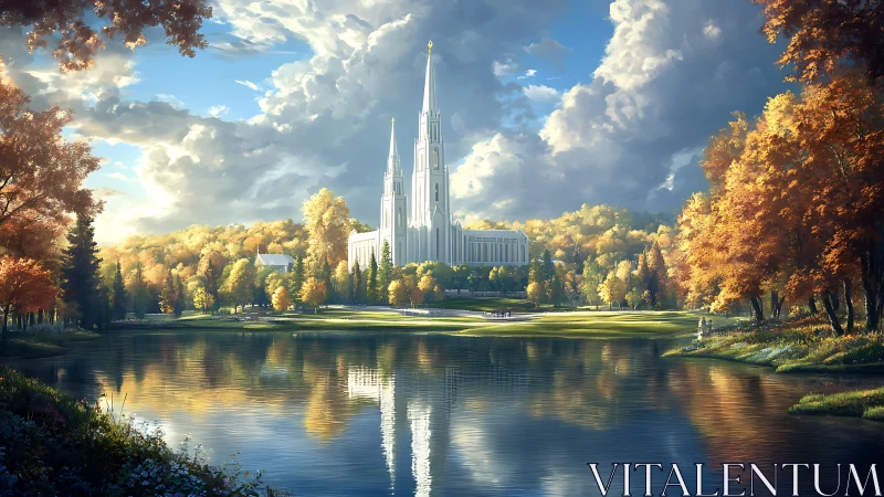 Sunlit cathedral spires rise above tranquil autumn lake.