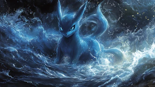 Mythic blue water spirit commands stormlit ocean surge.