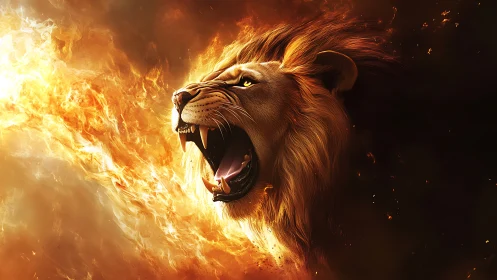 Roaring lion head erupts from swirling inferno of fire
