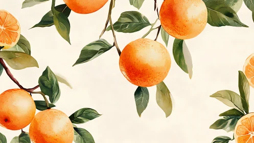 Watercolor oranges and foliage form a bright botanical pattern