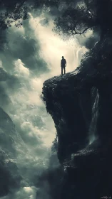 Solitary figure studies abyssal canyon under diffused backlight