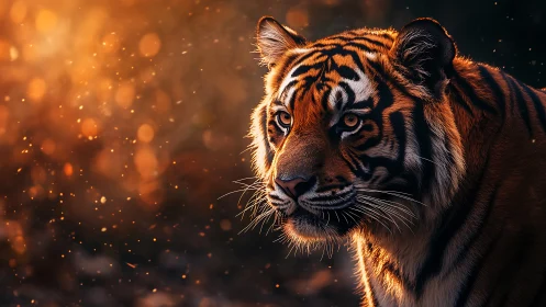Tiger portrait in warm sunset light with glowing bokeh.