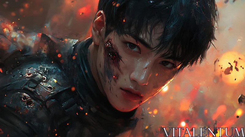 Battle-scarred cyber soldier in burning embers, close portrait