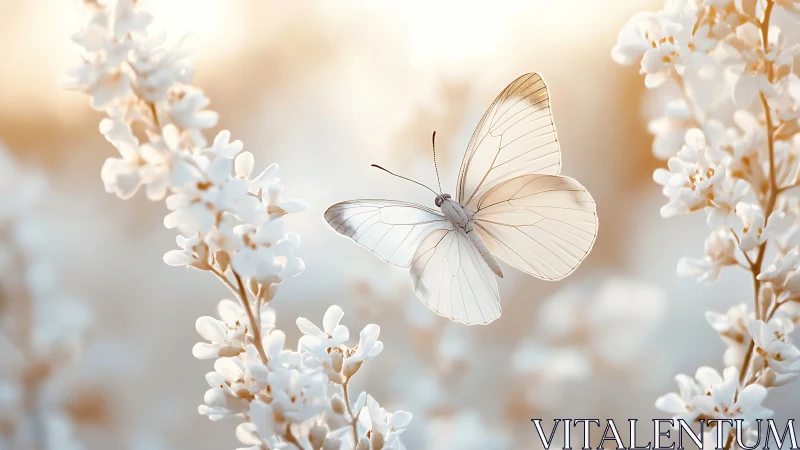 Translucent butterfly hovers between soft white blossoms