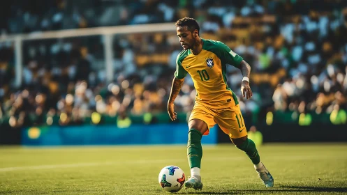 Soccer player in yellow kit controls ball on green field