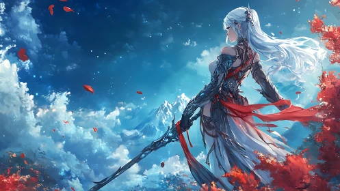 Silver-haired warrior surveys blue sky over scarlet valley