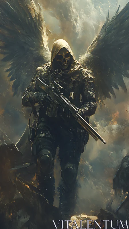 Winged skeletal soldier in tactical armor amid storm clouds.
