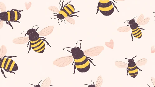 Honeybee daydreams dance with pastel hearts in flight.