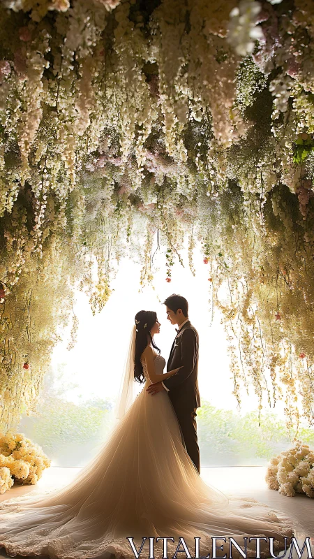 Backlit bridal silhouette beneath dense cascading floral canopy