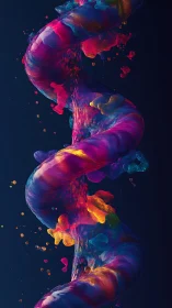 Twisting neon liquid helix arcs through dark vertical frame