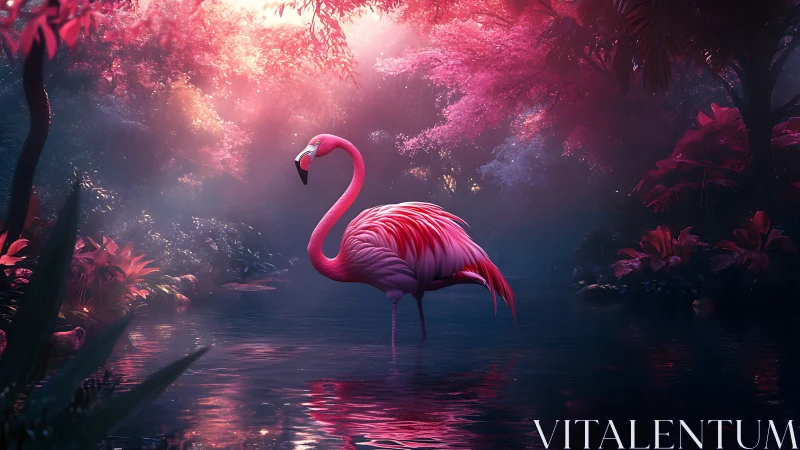 Flamingo poised in neon twilight lagoon beneath lush canopy.