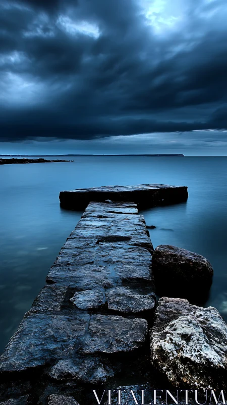 Stone jetty extends into calm blue sea under storm front