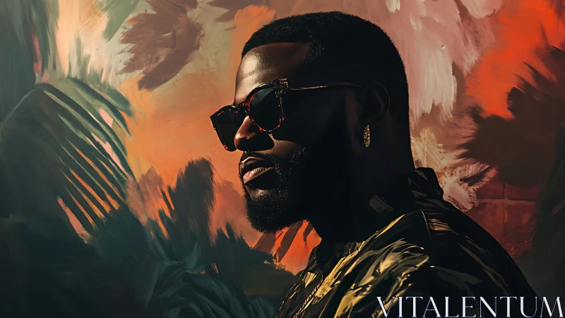 Midnight muse in tropical brushstrokes and ember light.