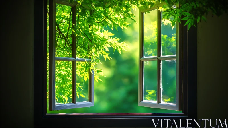 Sunlit foliage framed by open window in shallow-focus view
