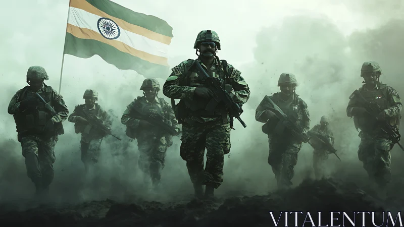 Proud Indian soldiers stride forward through swirling battle smoke