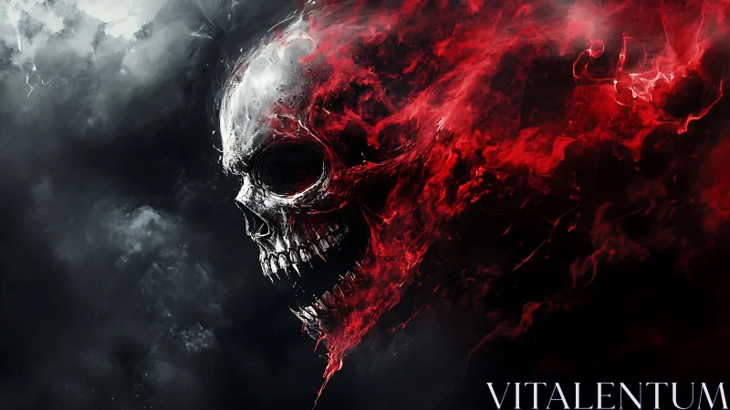 Flaming red skull emerging from dark swirling smoke.
