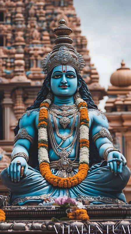 Blue deity sculpture rendered with high-contrast photoreal detail