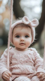 Baby on outdoor swing wearing soft knitted pink outfit