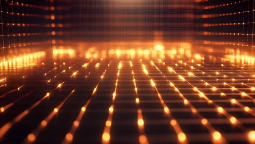 Futuristic glowing grid room with vibrant orange digital lights.