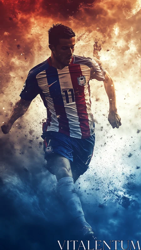 Dynamic soccer player in red, white and blue kit running fast.
