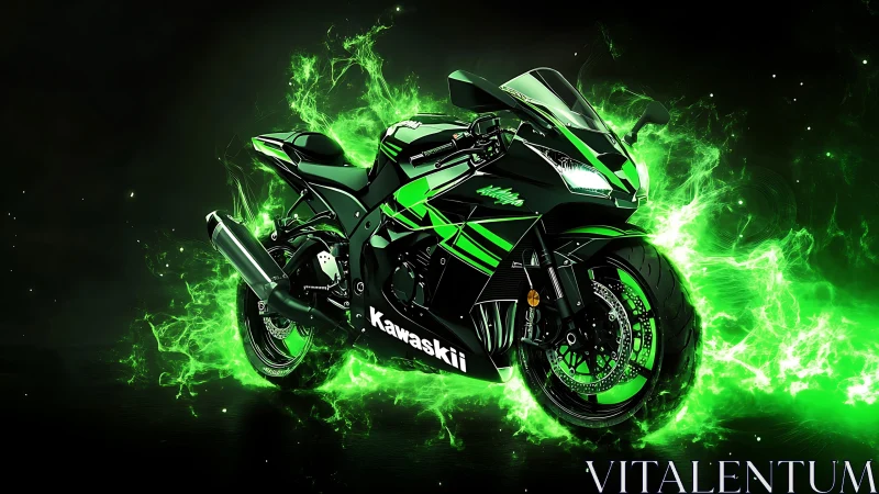 Kawasaki superbike in neon green energy burst digital render.