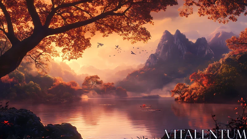 Volumetric sunset over alpine lake in autumnal diffusion.