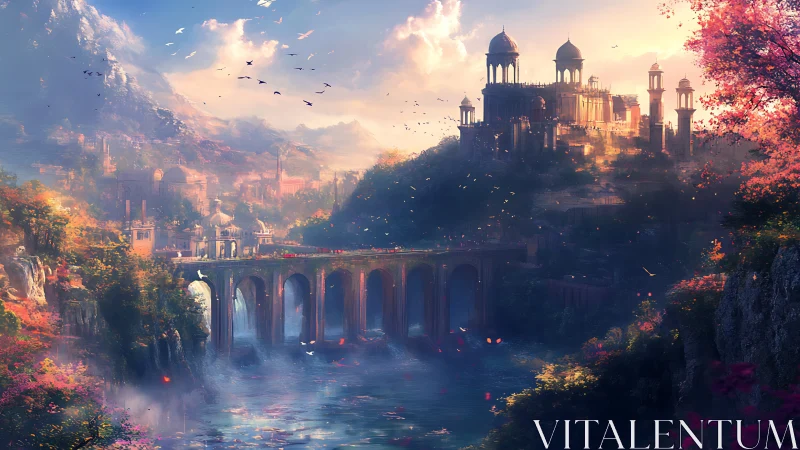 Elevated river citadel with arched viaduct in diffuse twilight.