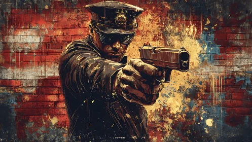 Police officer aiming handgun against distressed wall backdrop.