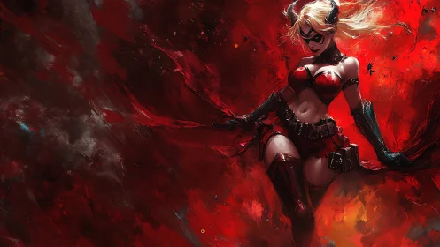 Scarlet horned vigilante storms through molten crimson chaos.