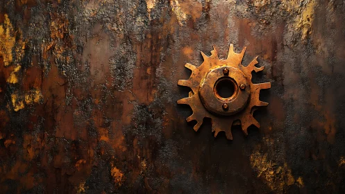 Rusty metal gear rests against a dark industrial wall