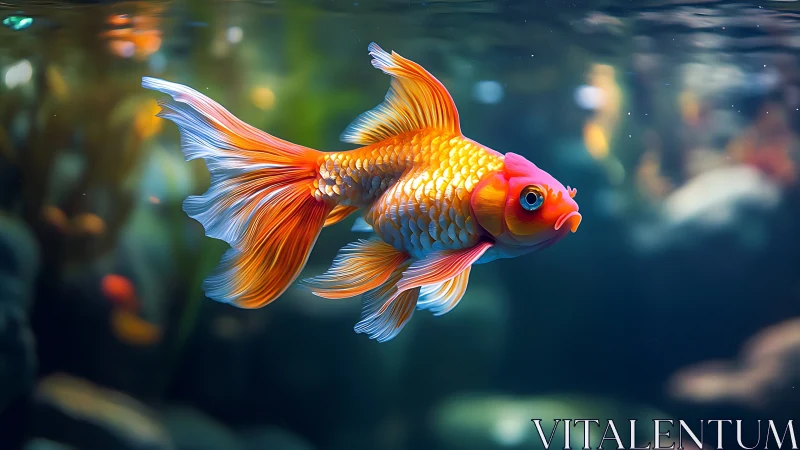 Graceful goldfish glides through calm, glowing aquarium water