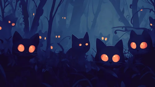 Multiple cat silhouettes with glowing eyes in dense forest.