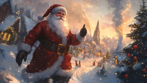 Santa Claus walking through snowy festive village street.