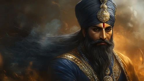 Regal warrior in blue turban bathed in fiery golden light.