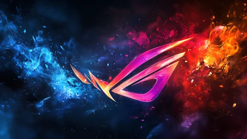 Glowing neon emblem between swirling fire and ice energy.