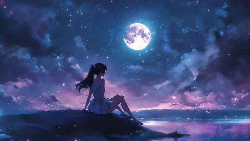 Solitary girl contemplates a glowing moon over tranquil sea