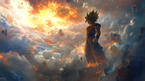 Saiyan warrior stands over burning sky and shattered clouds.