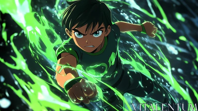 Animated boy moves forward through green energy streams