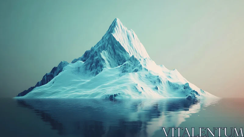 Icy monolith rising over glassy polar waters at dusk.