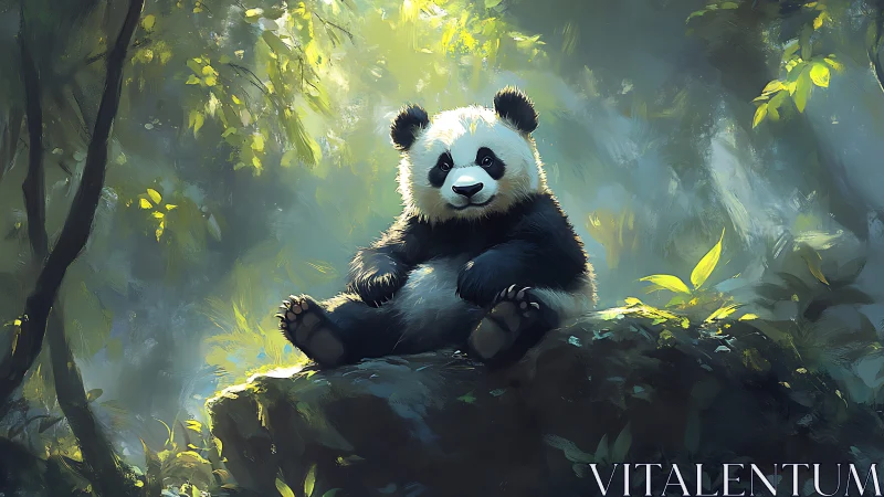 Playful panda cub relaxes on mossy rock in sunlit forest.